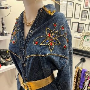Vintage Denim Blouse w/ gold and gem embellishments